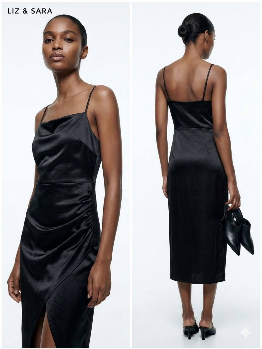 Liz & Sara Black Satin Cowl Midi Slip Dress